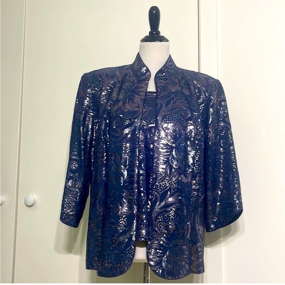 ALEX Evenings Women’s 2 piece 3/4 sleeve twin Sequin set Blue Silver 16WEUC